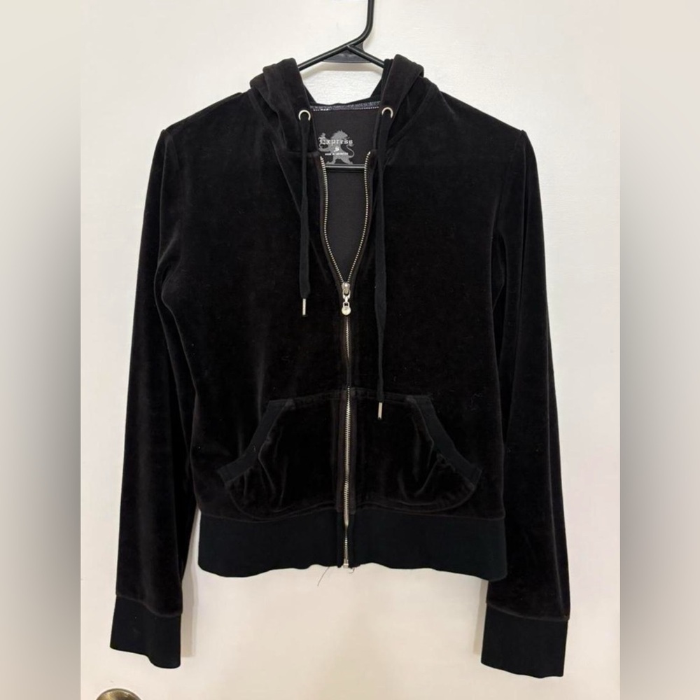 Vintage Y2K Express Black Velour Hoodie Zip-Up Jacket Cropped